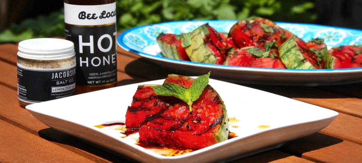 Plated grilled watermelon topped with hot honey and mint leaves and a latter of grilled watermelon in the background