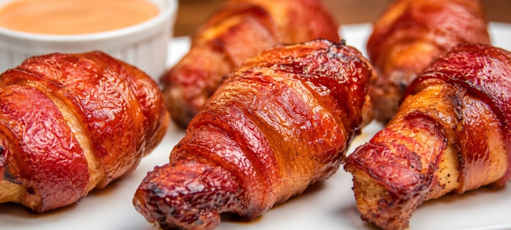 Grilled bacon wrapped wings on a white platter and small dish of sauce.
