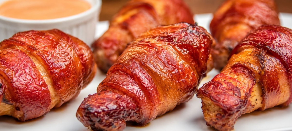 Grilled bacon wrapped wings on a white platter and small dish of sauce.