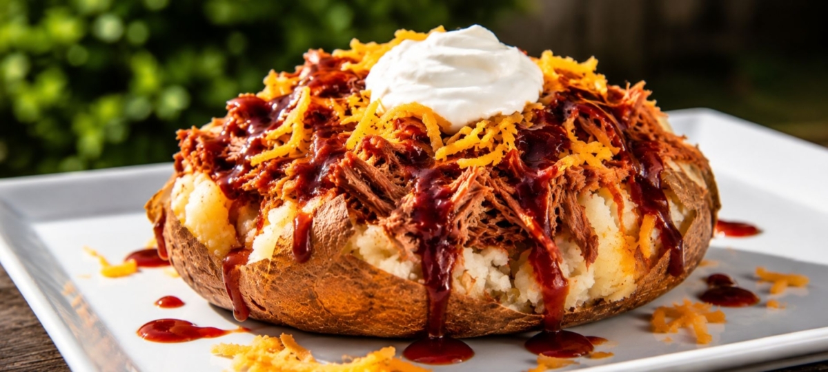 Baked potato topped with pulled pork, cheese, BBQ sauce and sour cream set on a white plate