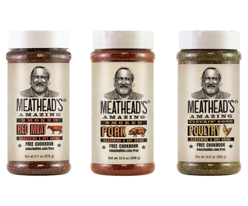 Three bottles of Meathead's Amazing seasonings and dry brines