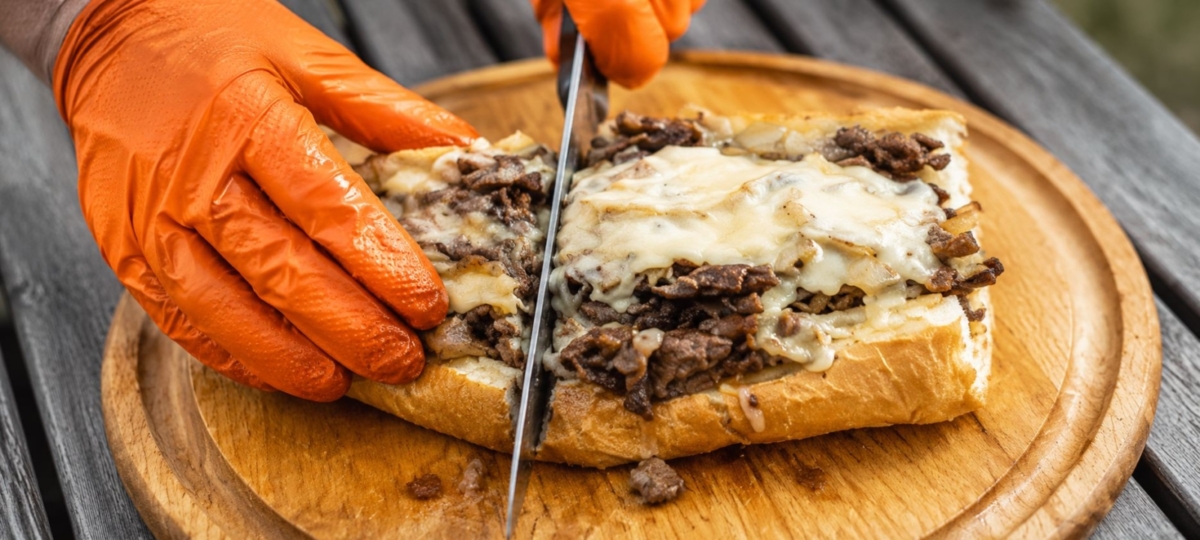Grilled Philly cheesesteak being sliced on a wooden cutting board by someone with hands in orange gloves.