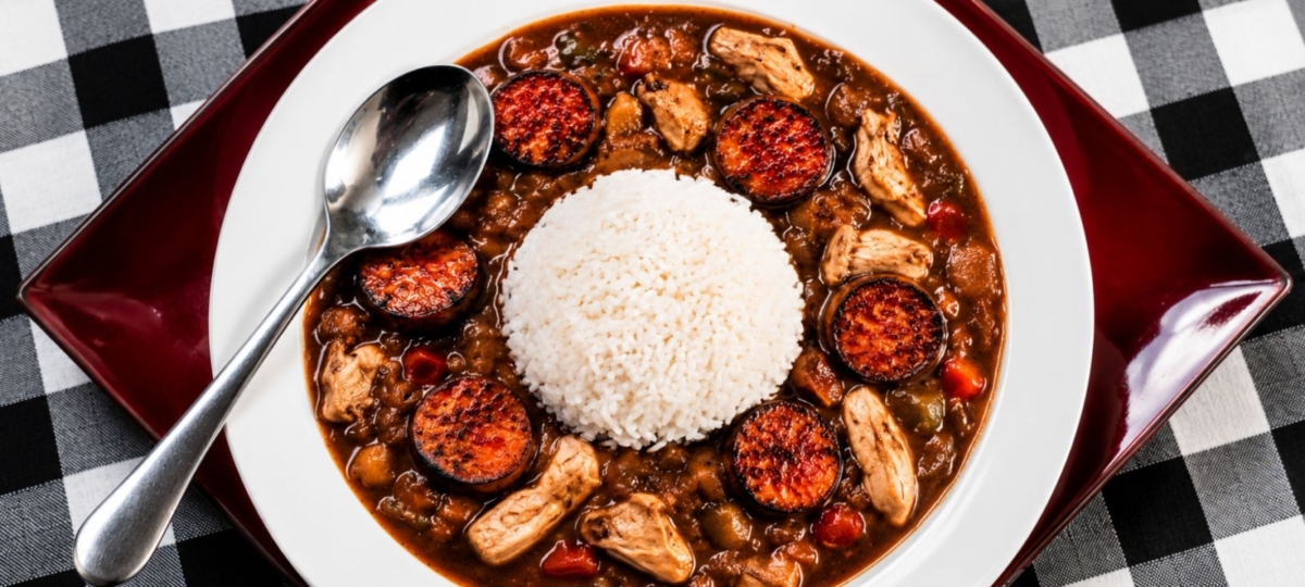 Turkey and sausage gumbo in a bowl with white rice.