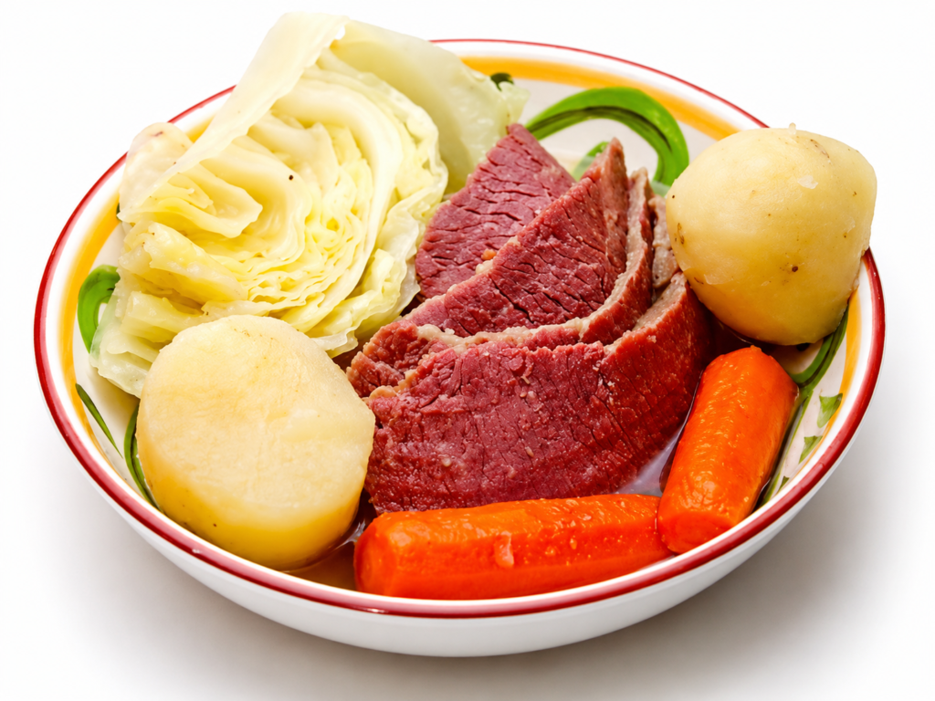 Corned beef, cabbage, potatoes and carrots in a bowl