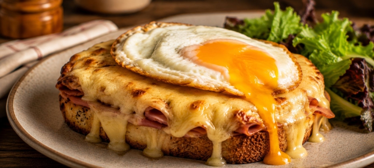 A plated croque madame sandwich topped with an egg.