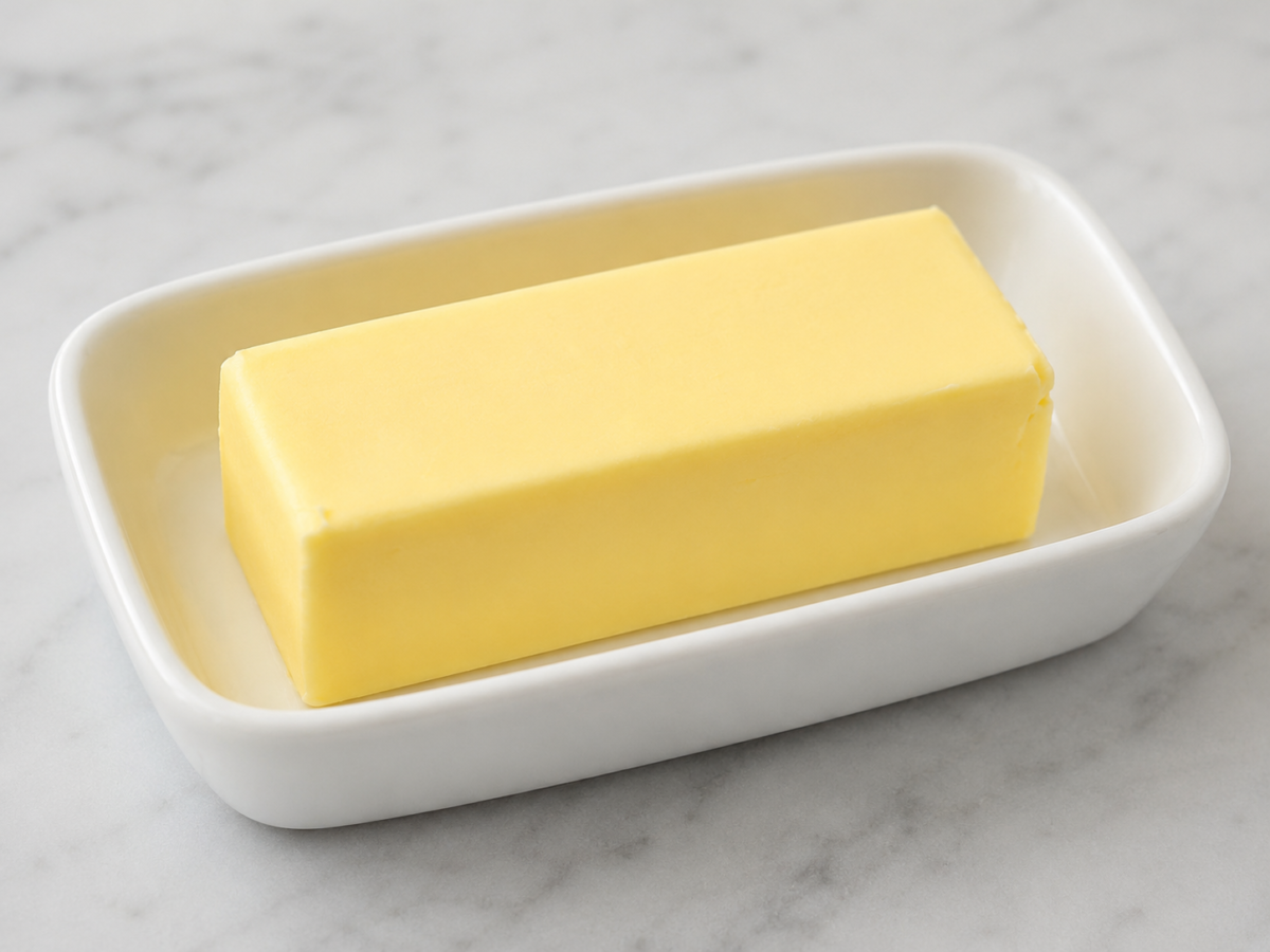 Stick of butter in a white dish