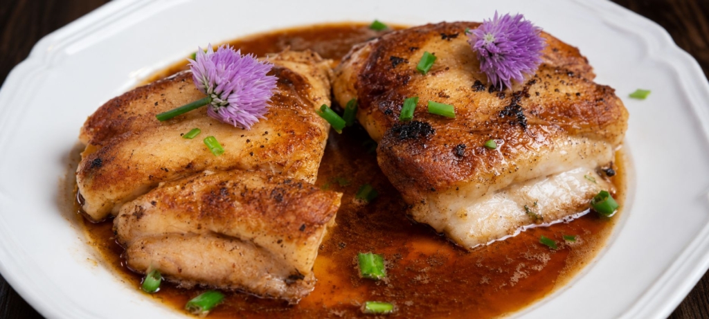 Smoked fish plated with a brown butter sauce topped with chives and purples flowers.