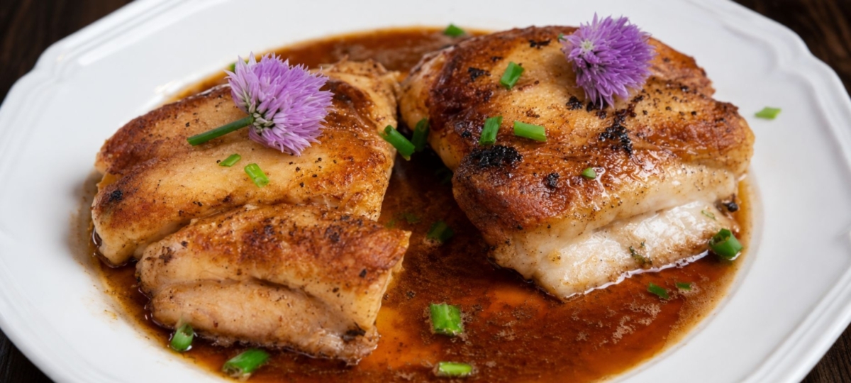 Smoked fish plated with a brown butter sauce topped with chives and purples flowers.