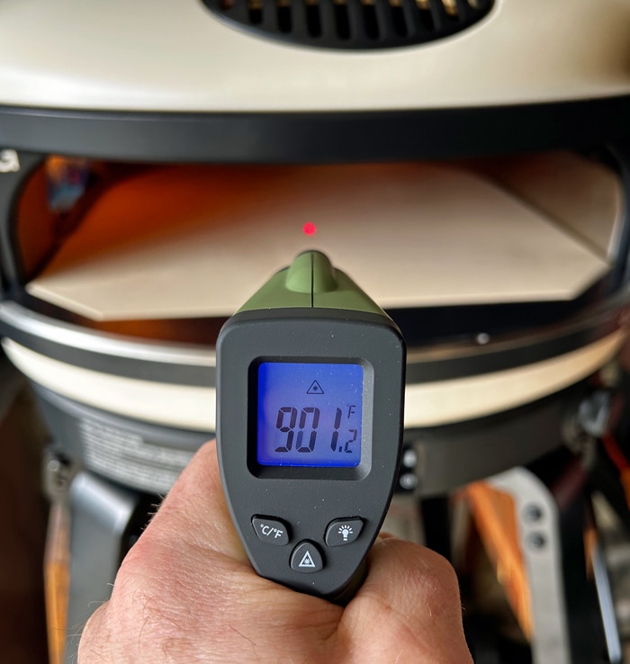 Infrared Thermometer reading '971.2 degrees Fahrenheit' to show the oven's high temperature