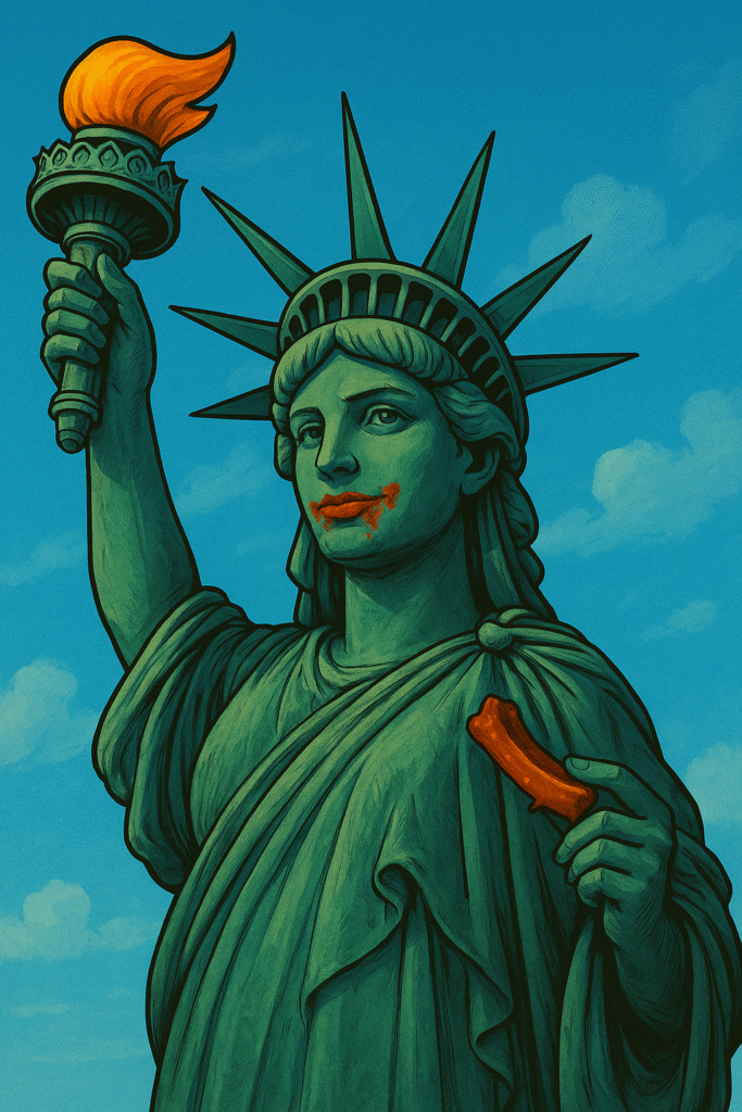 Cartoon of the Statue Of Liberty with BBQ sauce around her mouth and holding a rib