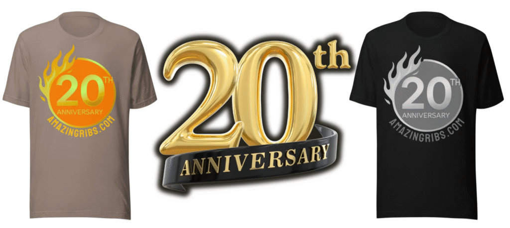 Two AmazingRibs.com 20th Anniverary T-shirts and anniversary logo