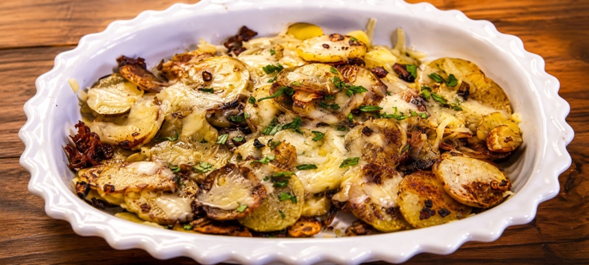 Cheese covered potatoes in a whit baking dish on a wooden surface