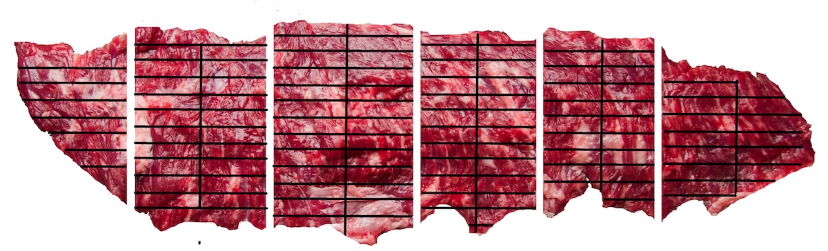 skirt steak shown with cut marks so it can be prepared for a steak fajitas recipe. 
