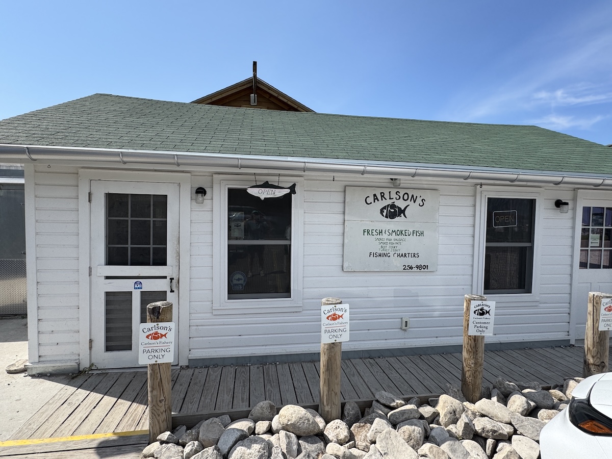 Carlson's Fresh & Smoked Fish shack in the town of Leland on the Leelanau Peninsula on Lake Michigan.