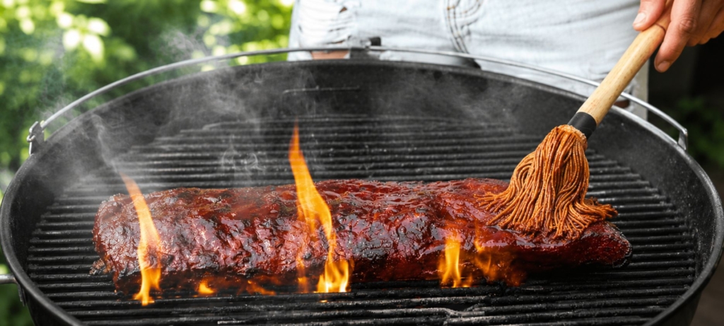 Man brushing sauce on a rack of ribs on a grill.