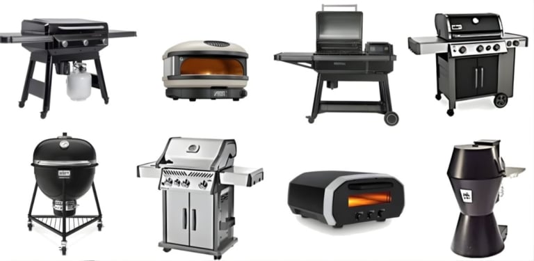 A composite of grills and outdoor pizza ovens