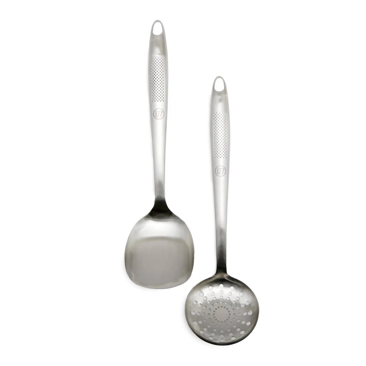 stainless steel wok spatula and wok spider skimmer shown together.