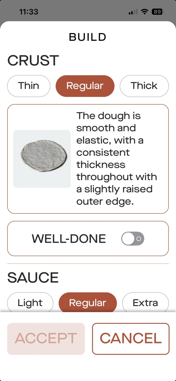 Screen shot of Current smartphone app showing the pizza Build options for Crust and Sauce.