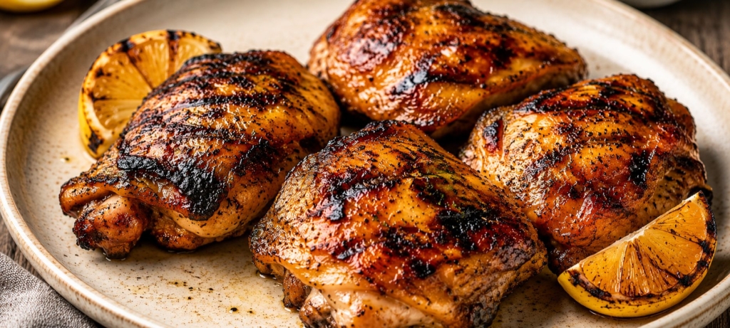 Four plated grilled chicken thighs and grilled lemon quarters.