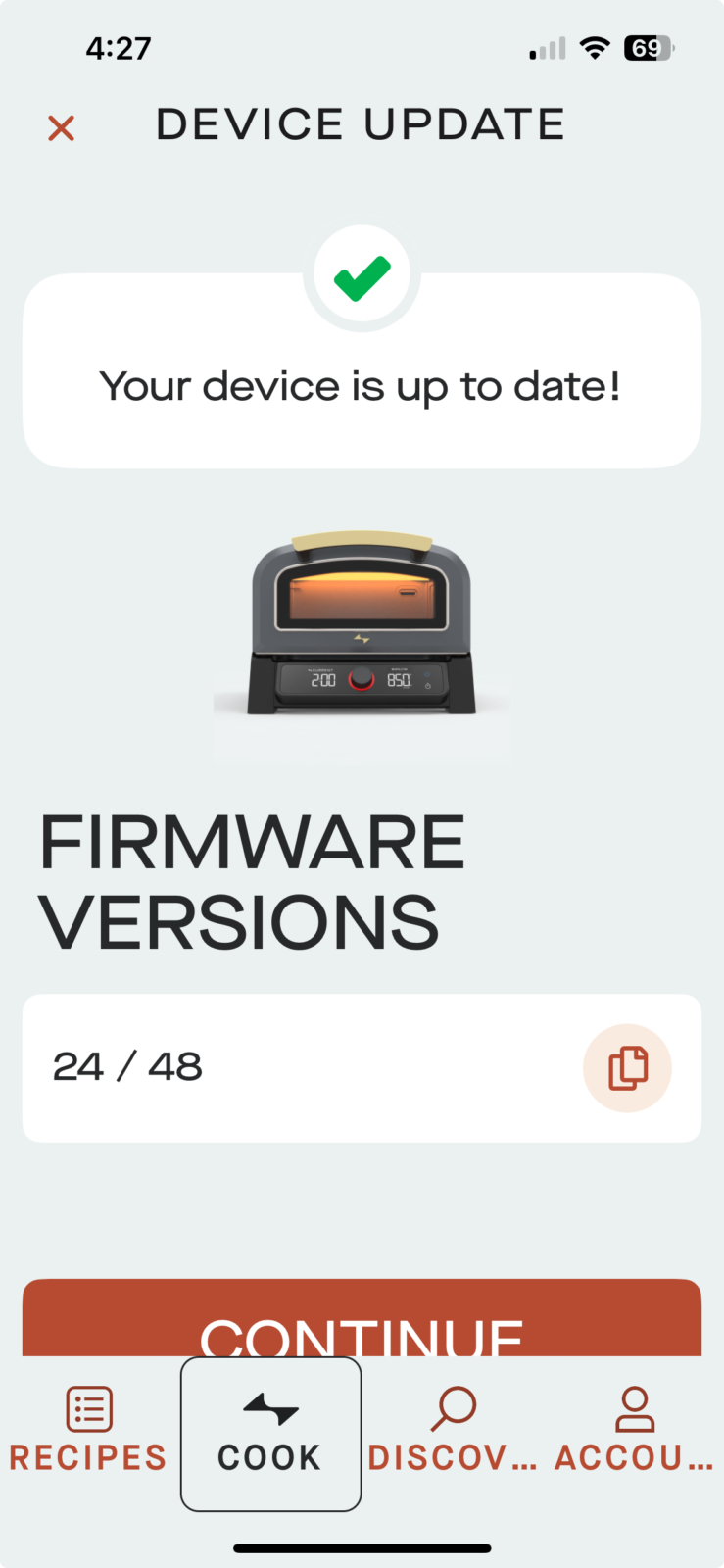 Screenshot of Current smartphone app showing pizza oven firmware update.