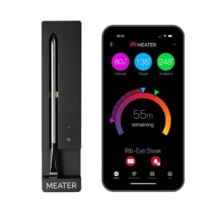 Meater SE wireless probe thermometer with phone showing companion app