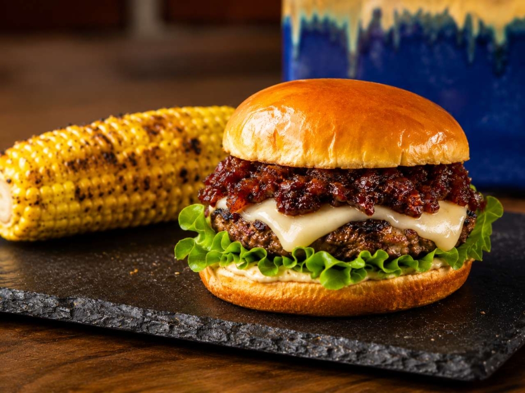 Burger topped with cheese and bacon jam with an ear of corn in the background.