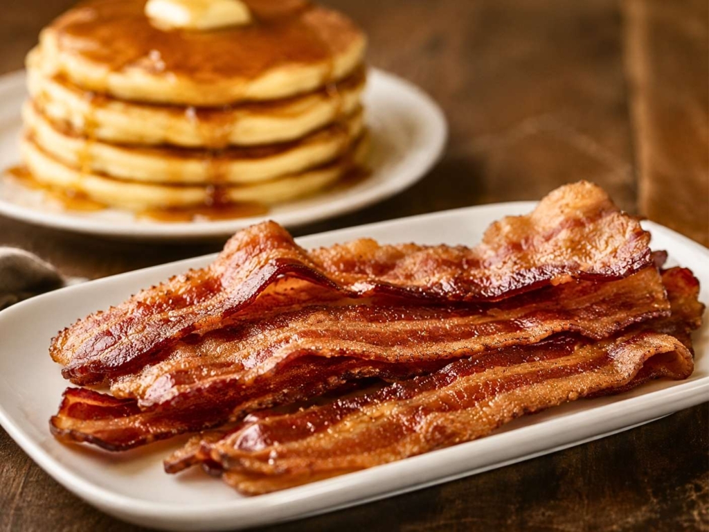 Plate of cooked bacon with pancakes in the background