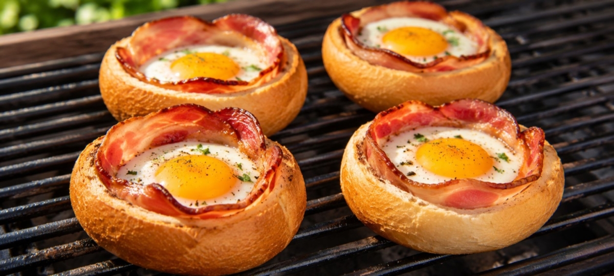 Candied bacon and egg breakfast bread bowls on a grill