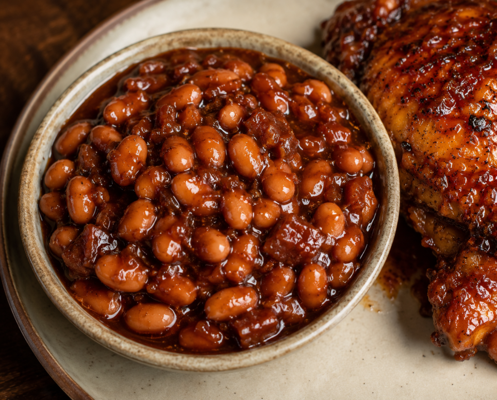 BBQ baked beans in a bowl next to a piece of grilled chicken