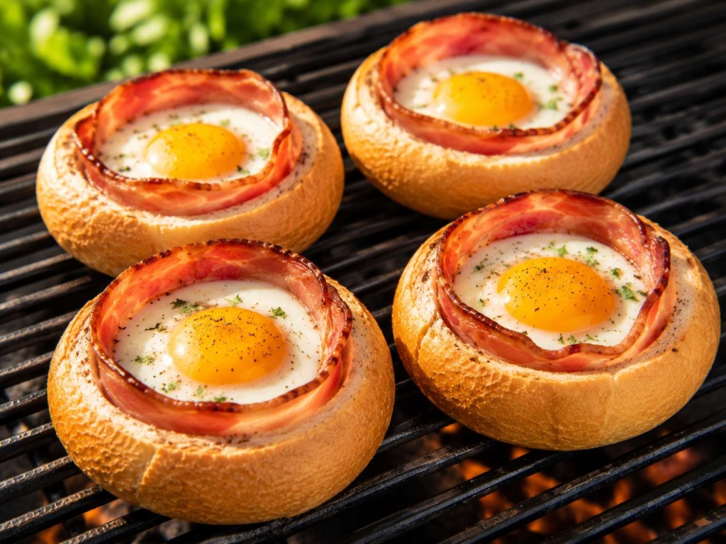 Grilled bacon and egg mini bread bowls on a grill
