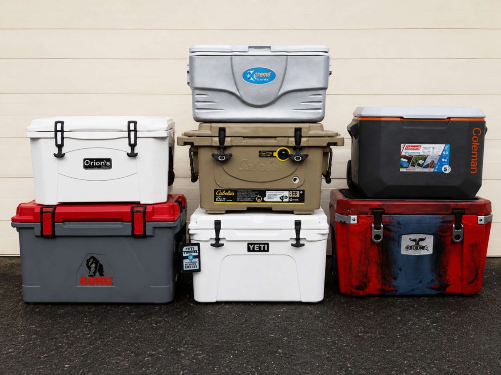 Seven coolers stacked in front of a garage door.