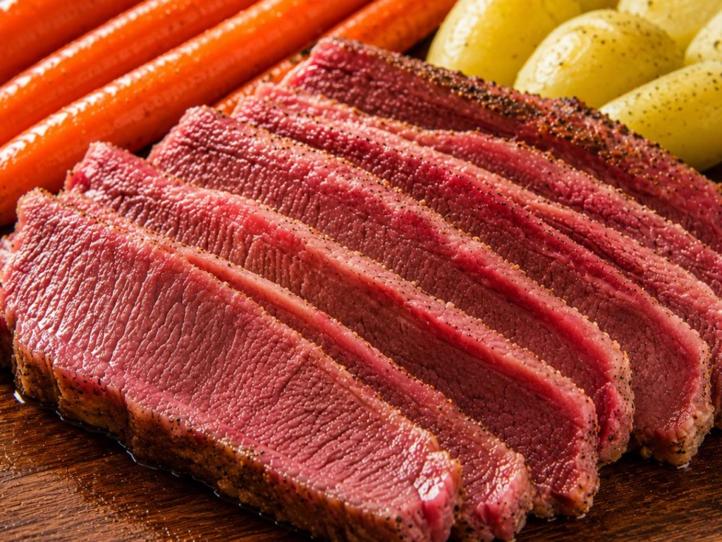 Sliced corned beef with carrots and potatoes.