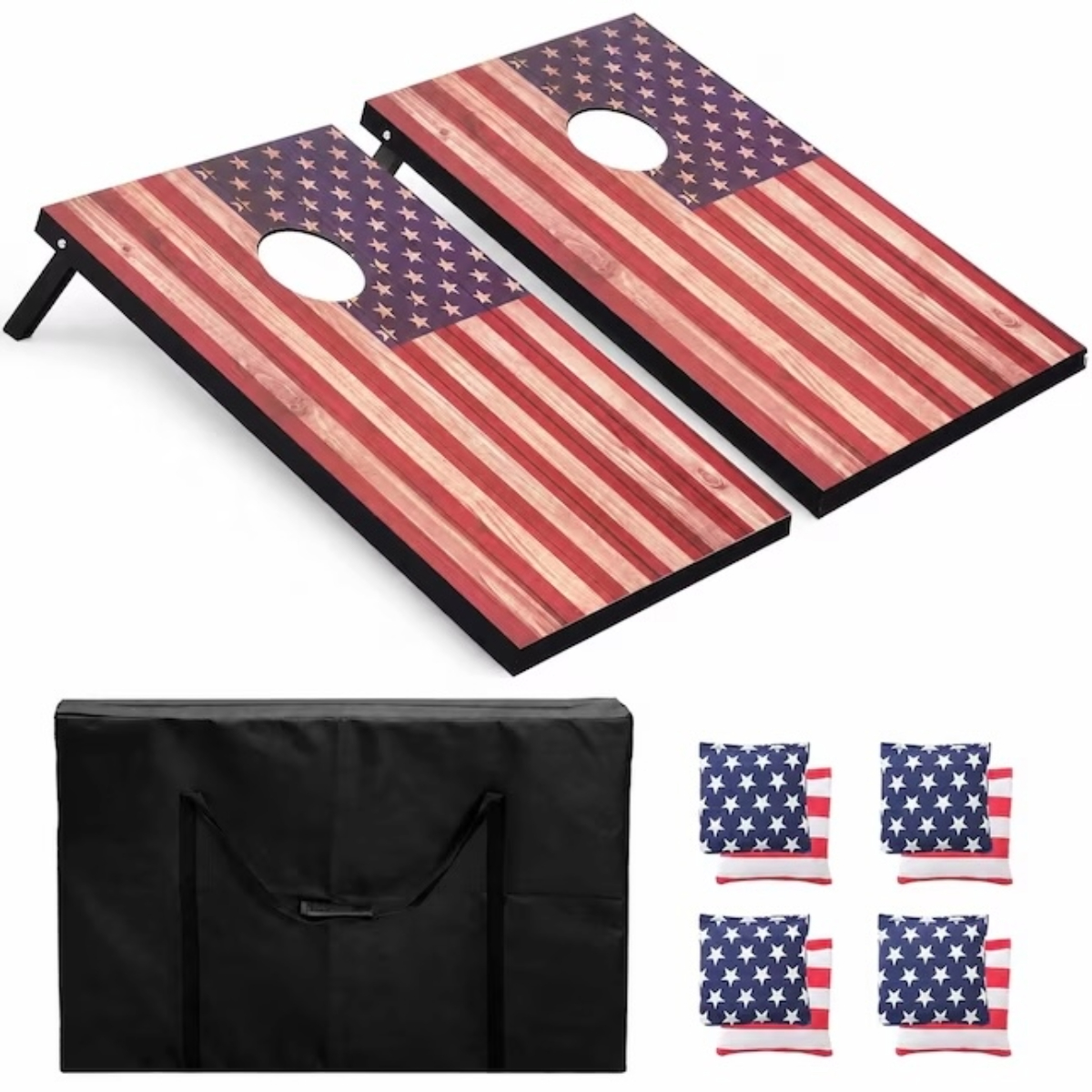 Cornhole set in American flag style with carrying case.