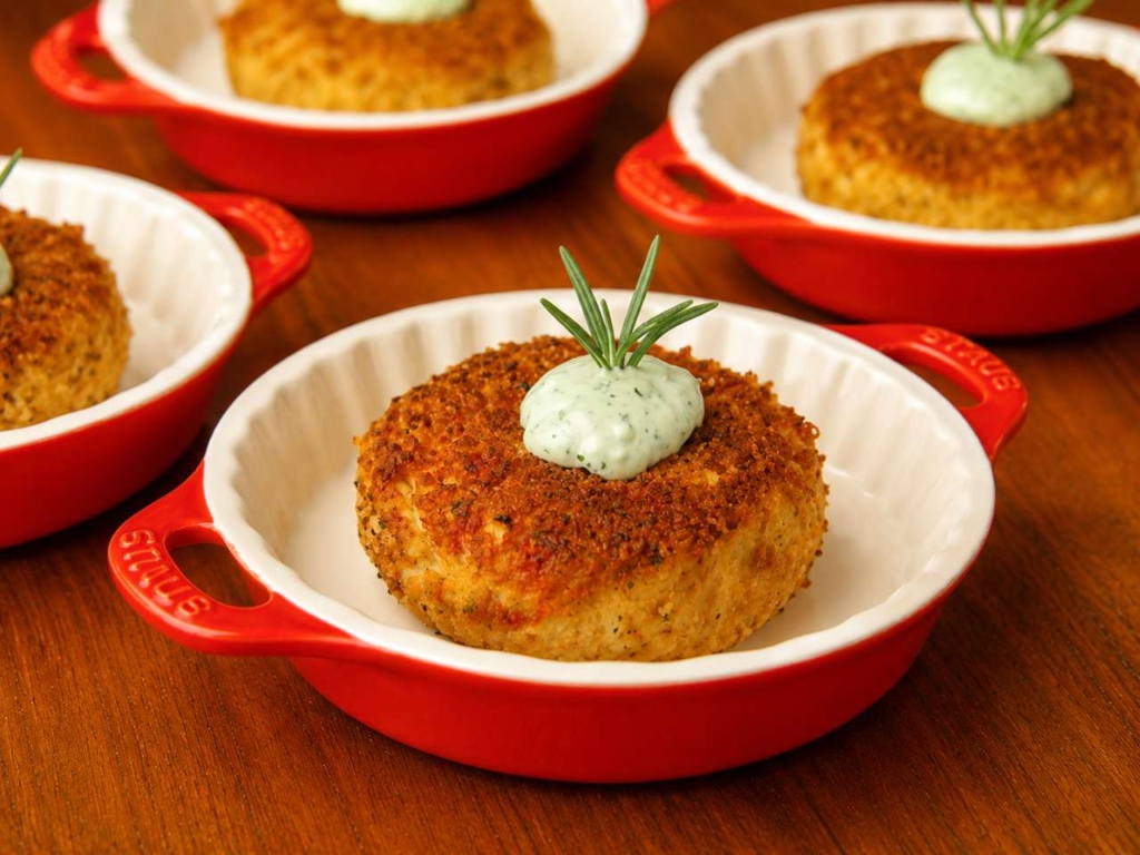 Griddle grilled crab cake topped with aioli.