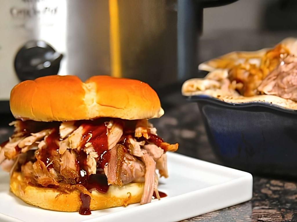 Crockpot pulled pork sandwich on white plate with a Crock Pot and a bowl of pulled pork in the background.