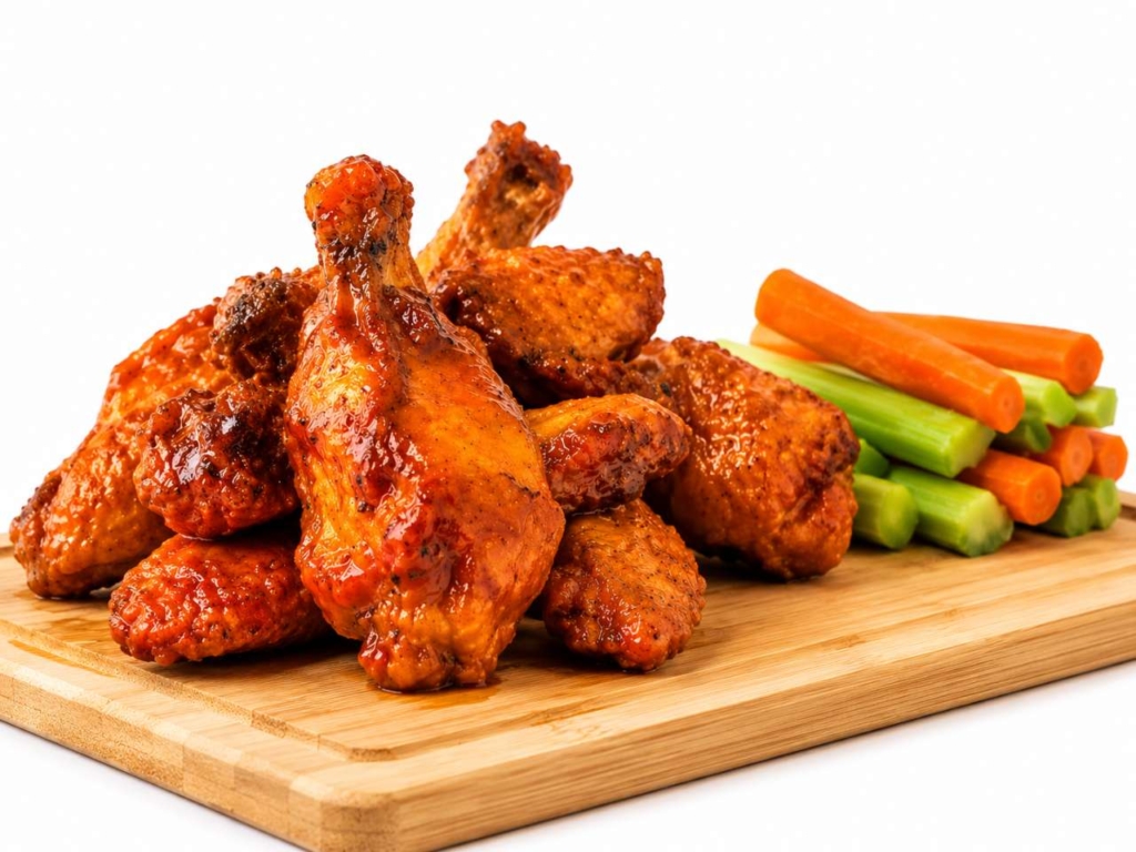 Grilled Buffalo wings on a plate with carrots and celery.