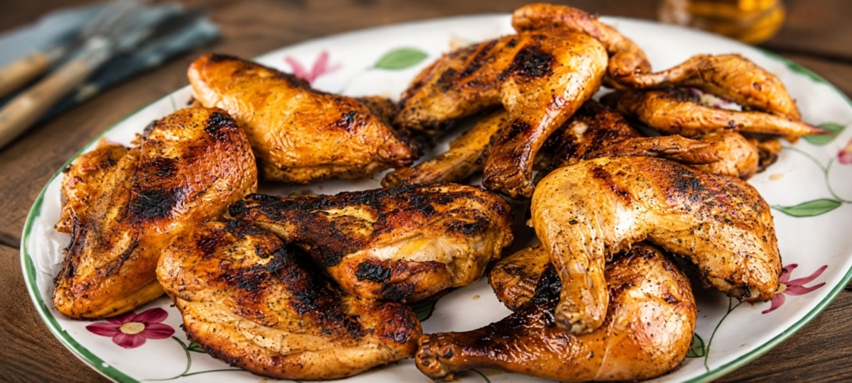 Grilled chicken parts on a plate.
