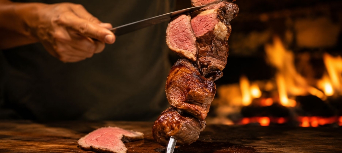 Grilled picanha steaks being sliced from a skewer.