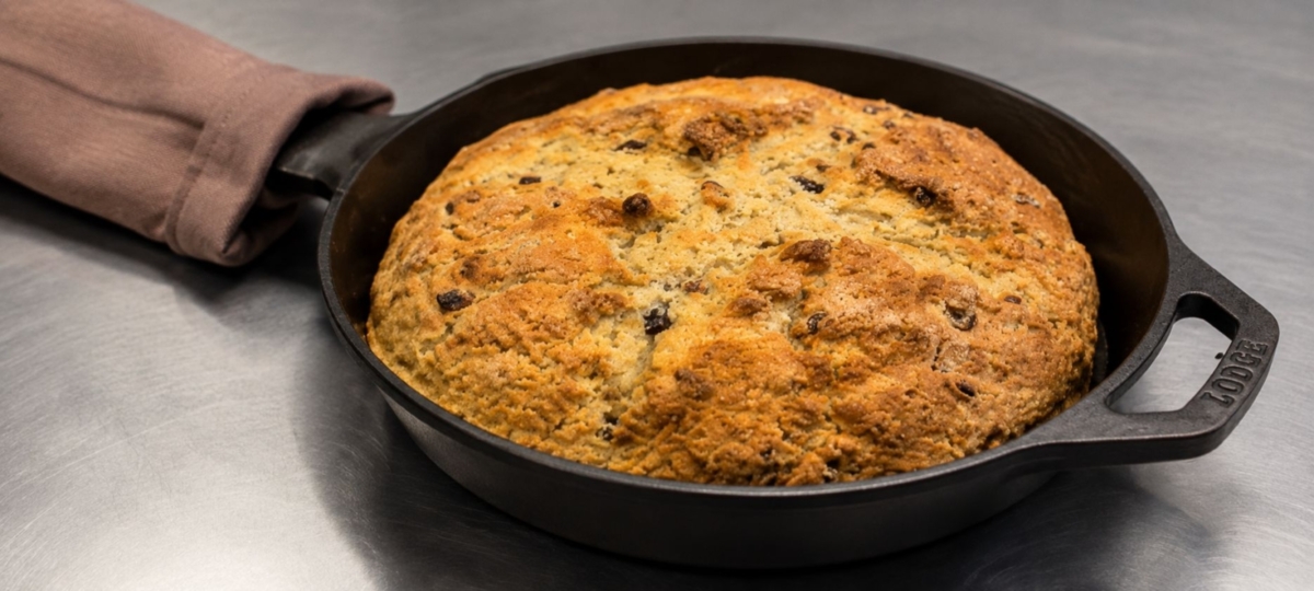Irish soda bread in a cast iron pan.