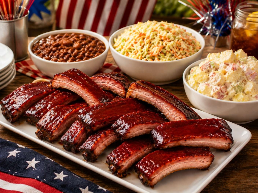 July 4th recipes including smoked ribs, potato salad, baked beans, and coleslaw in bowls on a table.
