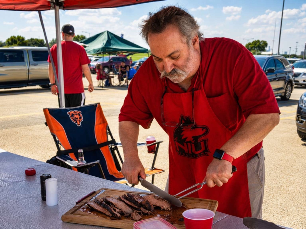 Meathead slicing meat outdoors under a red canopy.