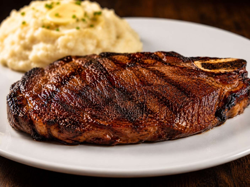 Perfected grilled ribeye steak on a white plate with mashed potatoes