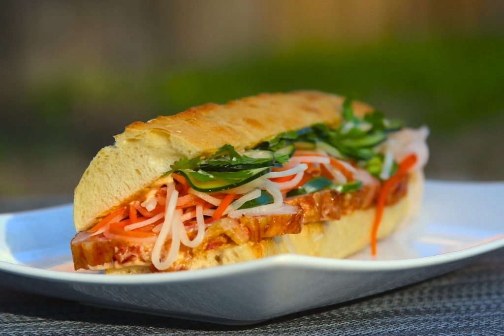 Pork tenderloin banh mi on a plate