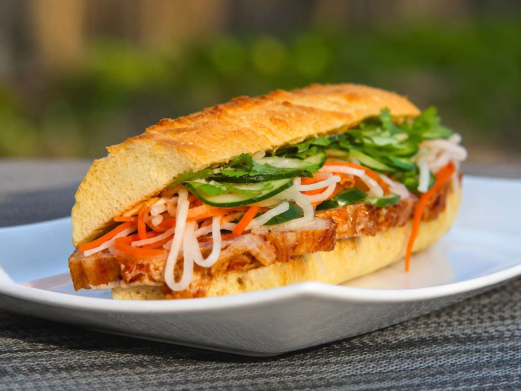 Pork tenderloin banh mi on a plate