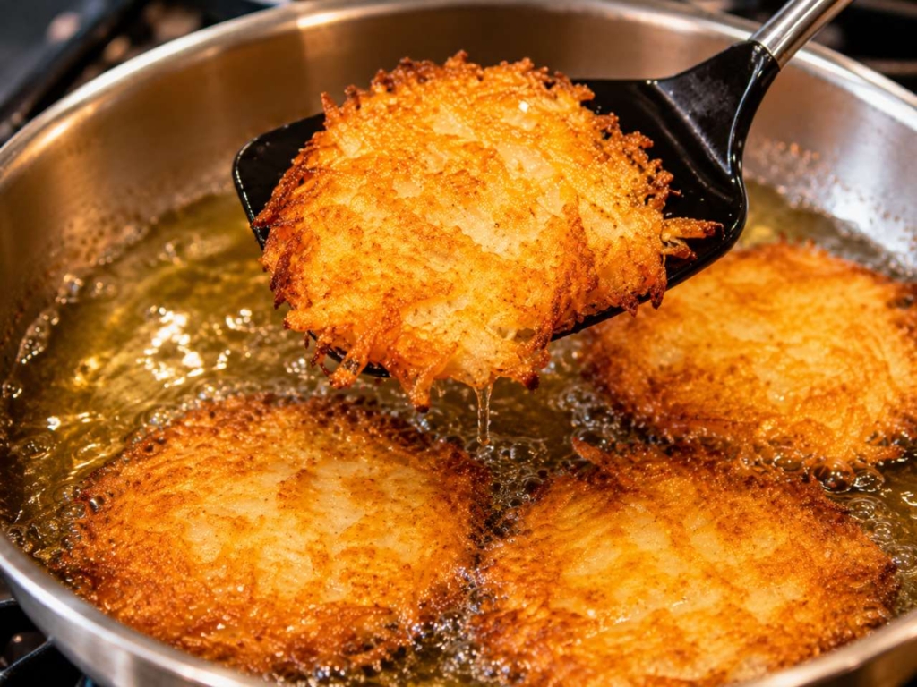 A crispy potato latke lifted from the oil on a slotted spoon.