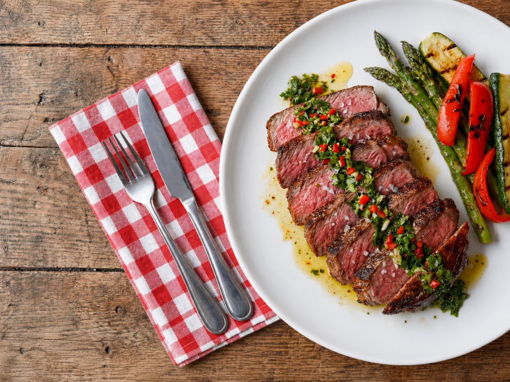 Sliced steak and grilled vegetables on a plate
