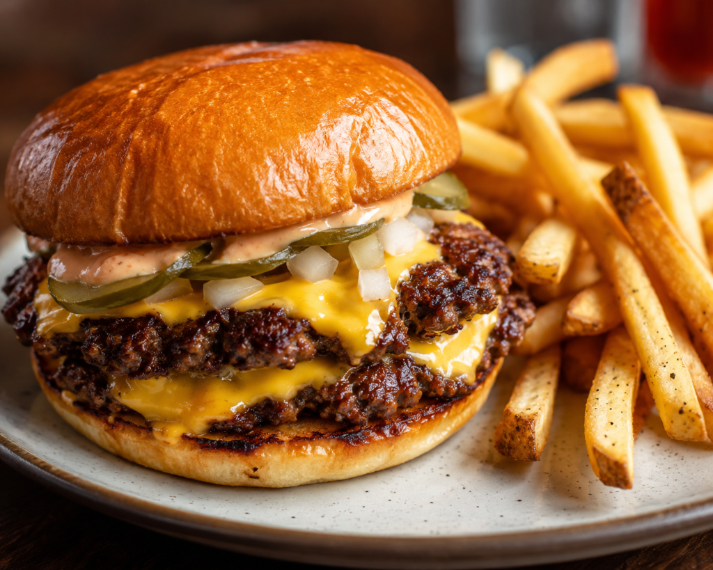 Double cheeseburger with a side of fries