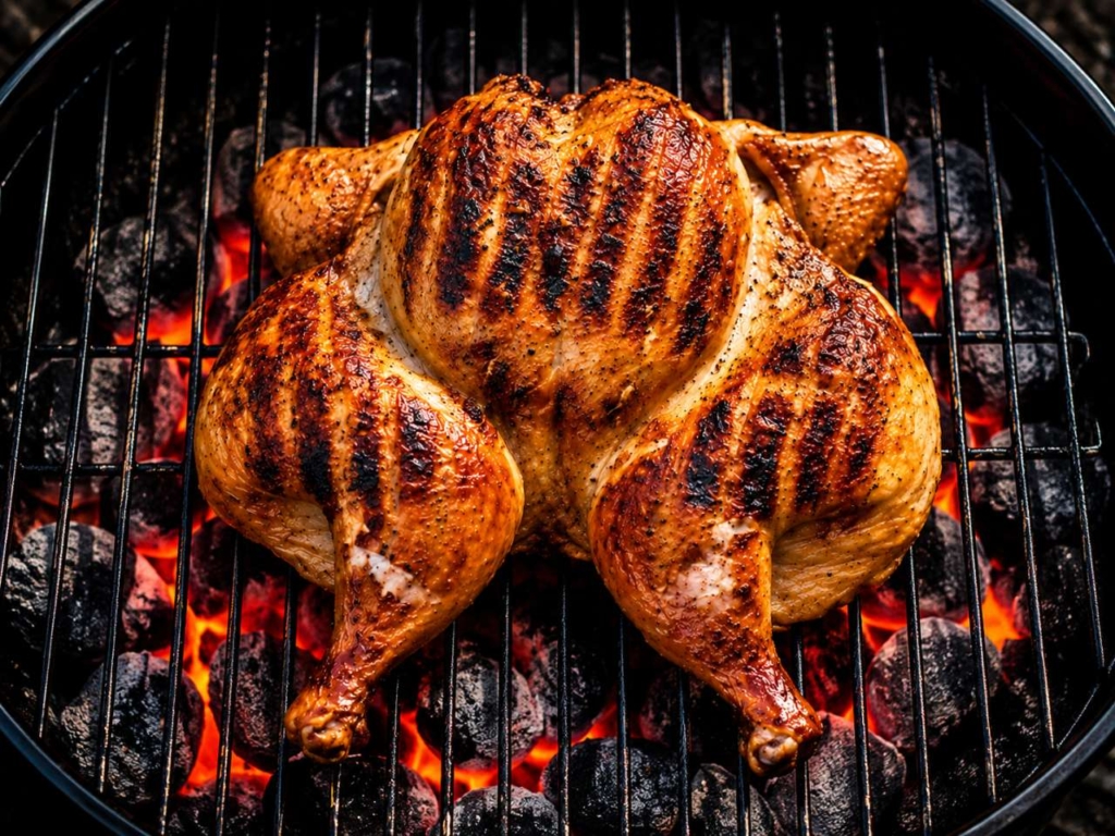 Spatchcocked chicken on the grill over burning charcoal.