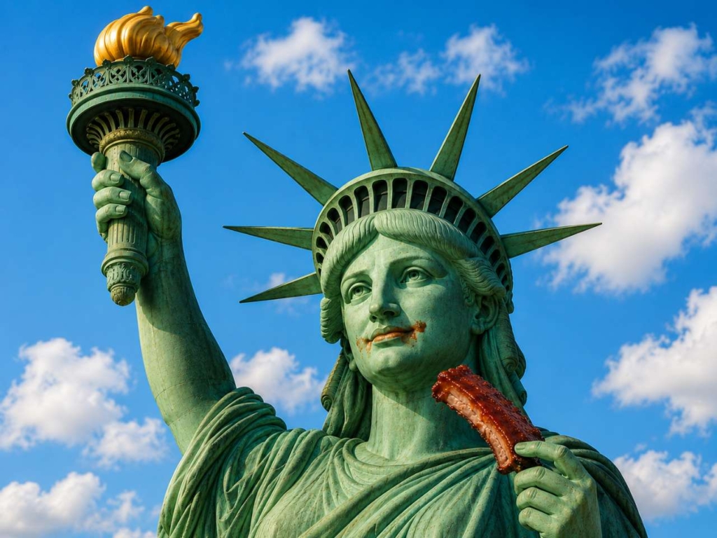Cartoon of the Statue Of Liberty with BBQ sauce around her mouth and holding a rib.