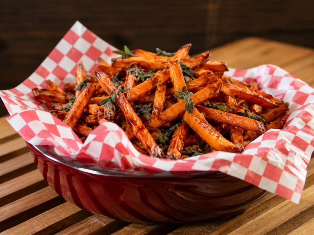 Sweet potato fries with spicy honey and fried sage leaves in a red bowl with checkered paper